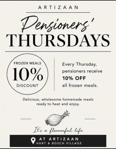 pensioners thursdays at artizaan at hart and bosch village